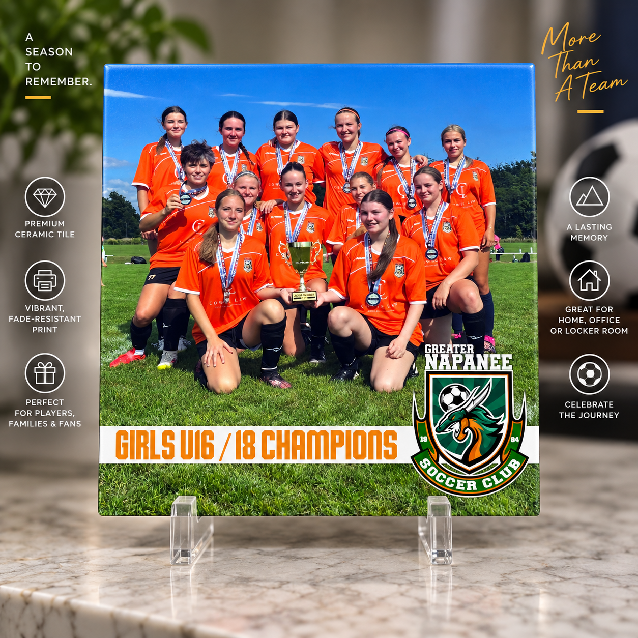 Greater Napanee Soccer Club ceramic Player Tile displayed on a stand as a championship keepsake